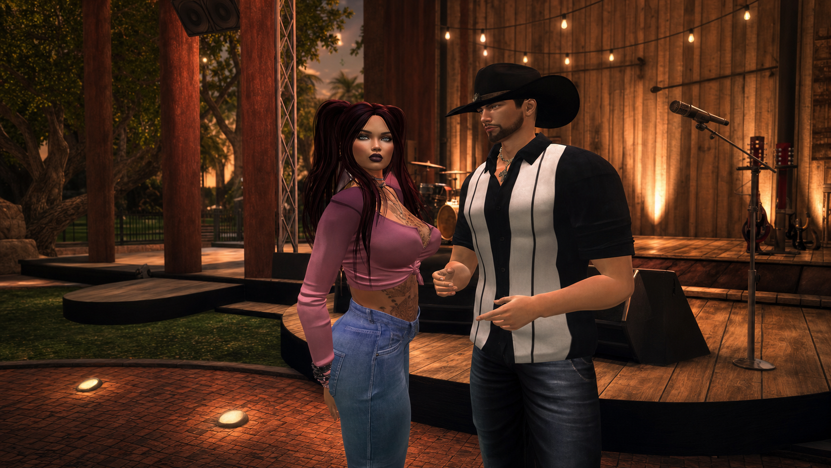 Jesse and Jynxx together in front of a Second Life club stage